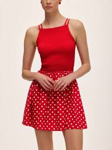 SHEIN Unity 红色波点褶饰腰吊带连衣裙 - 紅色 - 查看 4