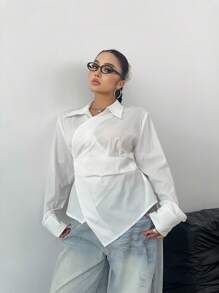 POPSWAY 大码女式休闲多功能交叉领收腰修身长袖衬衫 - 白色 - 查看 4