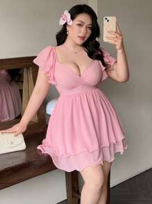 Plus Size Women's Vintage Floral Square Neck Ruffle Hem A-Line Knee Length Spring/Summer Dress, Pink - Pink - View 5