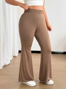 Flirla Pantalones rectos de talla grande de cintura alta, de color marrón, elásticos y de ajuste cómodo, versátiles y