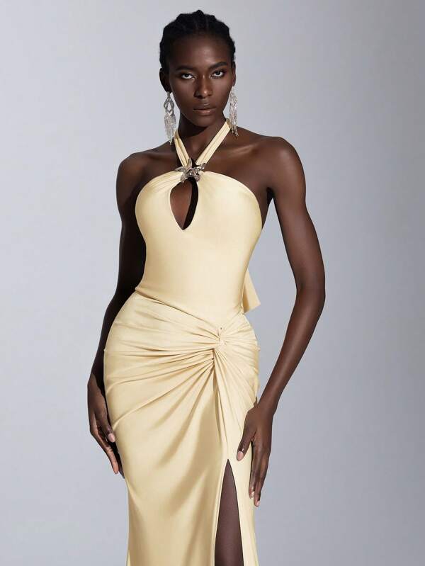 Elitara Elegant Embellished Elastic Knitted Swimsuit With Ruched Slit Fishtail Skirt, Suitable For Weddings, Parties, Honeymoons, Galas, Bridesmaid Dresses (Adult Size)