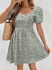 SHEIN Frenchy Women's Ditsy Floral Backless Tie Detail Puff Sleeve Mini Vacation Dress