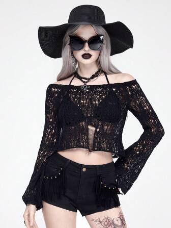 Goth Suéter bohemio tipo poncho de gasa hombros descubiertos para vacaciones de mujer