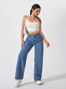 SHEIN PETITE Women's Loose Fit Pocketed Wide Leg Casual Versatile Denim Pants