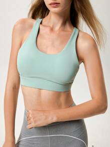 Menodora SHEIN Sport Movishi High-Stretch Solid Color Knitted Casual Sports Padded Camisole For Women,Removable Bra Top - Black - View 4