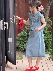 Dazy Kids 青少年女孩牛仔两件套服装 - 淺色水洗藍 - 查看 8