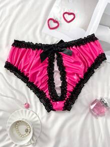 PetitDoll Lencería de talla grande Y2K con patchwork de piel sintética, abertura en la entrepierna, lazo decorativo y combinación de colores en contraste - Rosa - Ver 6