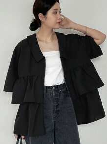 FRIFUL Women Shirt Ruffled Blouse, Summer - Black - View 1