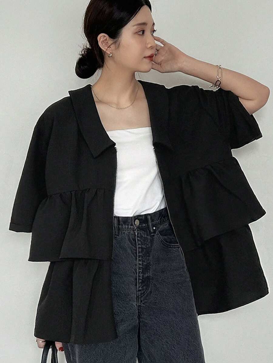 FRIFUL Women Shirt Ruffled Blouse, Summer - Black - View 1