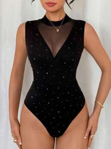 Rafferiza Women's V-Neck Sheer Mesh Patchwork Bodysuit, Sexy & Alluring, Autumn - Black - View 1