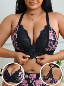 SHEIN 1pc Lace Patchwork Print Front Closure Wireless Lingerie Bra - Multicolor - View 3