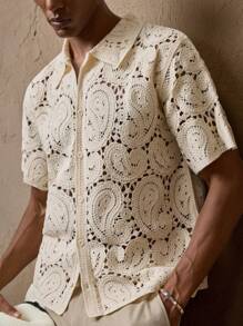 AKNOTIC Business Casual 男士针织佩斯利花纹宽松休闲短袖衬衫，适合夏季、度假、日常穿着、派对、情侣装、男士礼物 - 杏色 - 查看 5