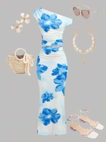 Girlism Teengirl 2 Pieces Set: Blue Casual Floral Pattern Asymmetrical Ruched Snug Fit Mini Skirt, Suitable For Summer, Vacation Outfits Young Girls Sets Summer Outfits 15 16