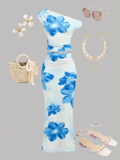 Girlism Teengirl 2 Pieces Set: Blue Casual Floral Pattern Asymmetrical Ruched Snug Fit Mini Skirt, Suitable For Summer, Vacation Outfits Young Girls Sets Summer Outfits 15 16