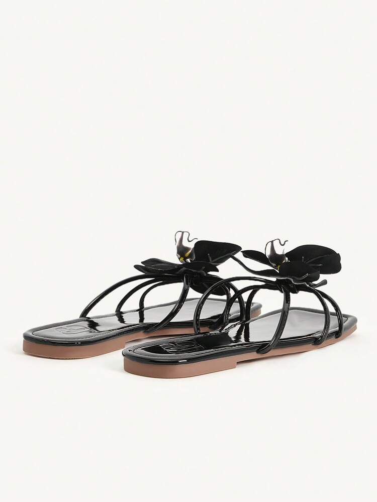 CUCCOO CHICEST Women's Black Iris Flower Multi-Strap Square Toe Flat Sandals, Elegant Romantic Casual Beach Vacation Flat Slippers For Summer