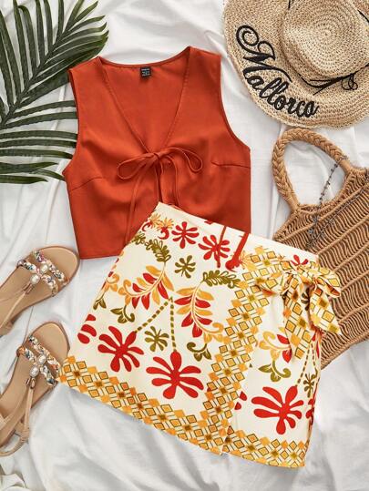 Travachic 2 件套女士纯色 V 领打结吊带背心和全身印花裹身裙、女士图案印花夏季服装、女士度假服装、波西米亚风、女士沙滩服装、女士休闲飘逸波西米亚风女装、女士热带服装、毕业服装、老钱风格女士、夏季太阳裙、母亲节海岛度假服装