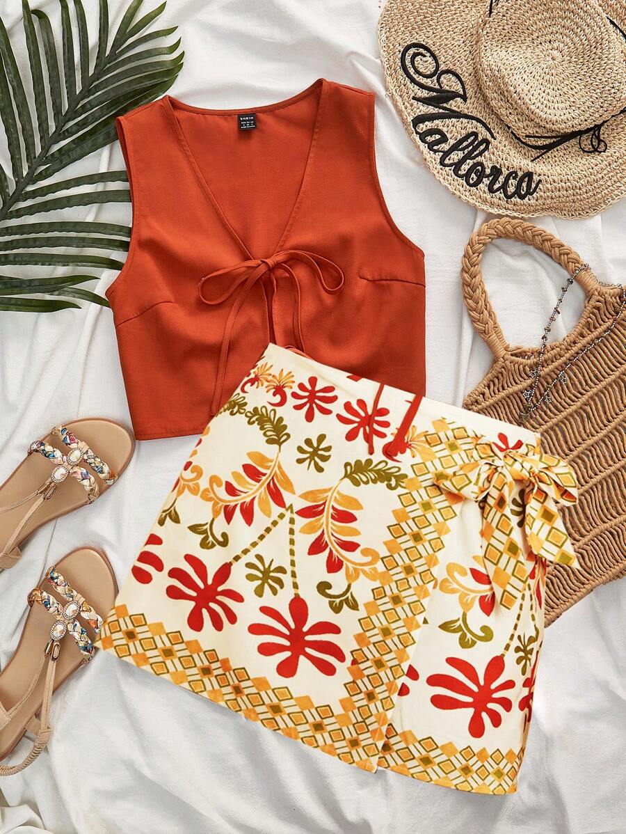 Travachic 2 件套女士纯色 V 领打结吊带背心和全身印花裹身裙、女士图案印花夏季服装、女士度假服装、波西米亚风、女士沙滩服装、女士休闲飘逸波西米亚风女装、女士热带服装、毕业服装、老钱风格女士、夏季太阳裙、母亲节海岛度假服装 - 彩色 - 查看 1