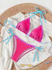 Swim SXY Trang phục đi biển mùa hè cho nữ, áo không tay cổ bẻ nhiều màu và quần bikini buộc dây bên hông, bộ đồ tắm gợi cảm 2 mảnh, lễ hội Boho - Màu Hồng Tươi - Xem 3