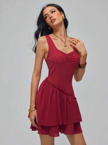 Roylia Women's Elegant Sweetheart Neck Drawstring Ruffle Hem Fitted Romper, Summer - Red - View 1