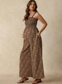 Boho Mama 孕妇碎花连体裤，休闲短袖夏季 - 彩色 - 查看 3
