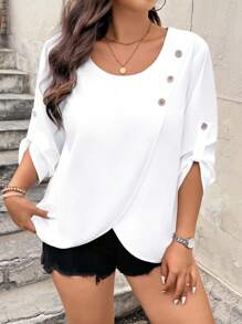 EMERY ROSE Plus Size Casual Round Neck Button Decor Asymmetric Hem Blouse For Summer
