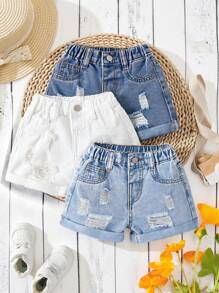 SHEIN 3 Packs Baby Girl 2025 New Denim Shorts, Navy, Light Blue, White, Spring And Summer Casual Vacation - Multicolor - View 1