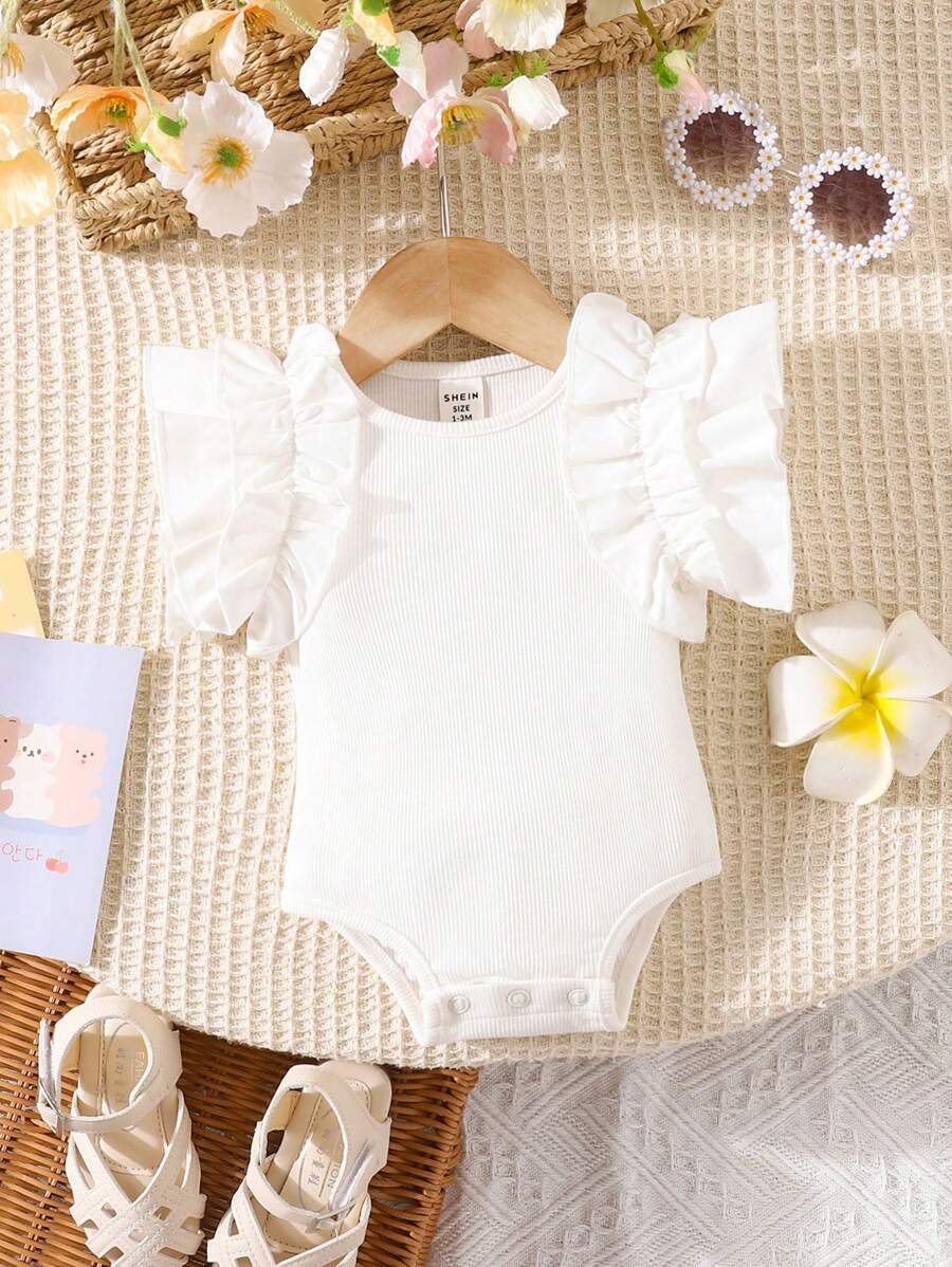 SHEIN Nyfödda Babyflickor Söt Vit Volang Bodysuit, Avslappnad Sommar - Vitt - Visa 1