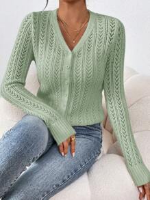 SHEIN Frenchy Áo len cardigan dệt kim khoét lỗ màu trơn thường ngày cho nữ - màu xanh lá - Xem 5