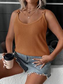 SHEIN LUNE Top de tirantes y camiseta de punto de unicolor talla grande, top de punto marrón de moda para el verano, top de punto para mujer color óxido, top de punto tostado, tops de verano para mujer, atuendos de vacaciones para mujer