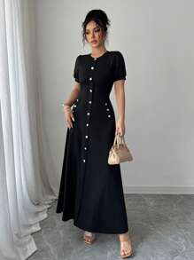 Elenzga Váy chữ A cổ tròn tay bồng cài nút giả - màu đen - Xem 7