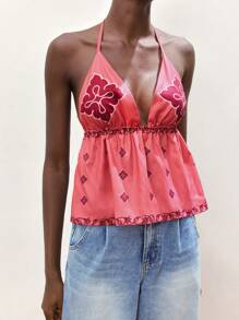 Maija Camiseta sin espalda con cuello halter de color rosa para mujer, casual, para vacaciones de verano, con diseño de estampado de moda - Rosa - Ver 7