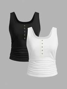 Slaydiva 2pcs/Set Buttoned Racerback Tank Top For Women, Pleated Design, Suitable For Summer - Multicolor - View 1