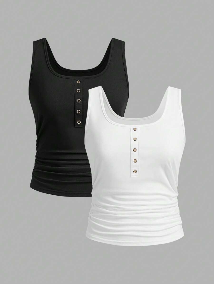 Slaydiva 2pcs/Set Buttoned Racerback Tank Top For Women, Pleated Design, Suitable For Summer - Multicolor - View 1