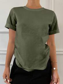 Livesso 女士纯色短袖T恤，适合夏季的时尚 - 軍綠色 - 查看 5