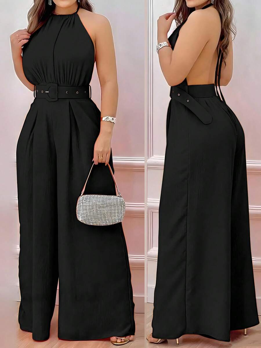 INAWLY 女士性感吊带露背宽松阔腿长裤配腰带连体裤 - 黑色 - 查看 1