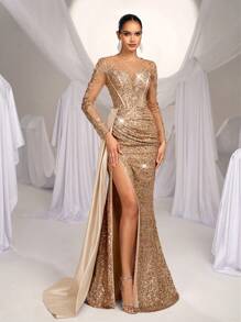 Glamrae Elegante y lujoso vestido con cola de pez, con abertura lateral, con parches de encaje, satín y lentejuelas bordadas, con volantes, adecuado para bodas, fiestas, eventos y banquetes (versión resistente), formal, vestido de noche, para invitados de boda