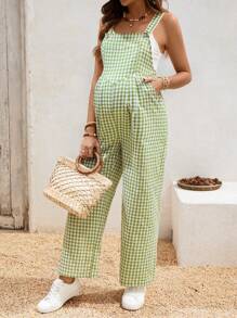 SHEIN Gasaul 度假格子阔腿孕妇连体裤 - 綠色 - 查看 6