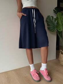 SHEIN EZwear 海军蓝针织宽松阔腿百慕大短裤，夏季 - 藏蓝色 - 查看 4