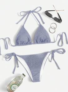 SHEIN Swim 女士两件套比基尼套装，纯色三角杯吊带文胸和系带侧泳裤 - 藍色 - 查看 3