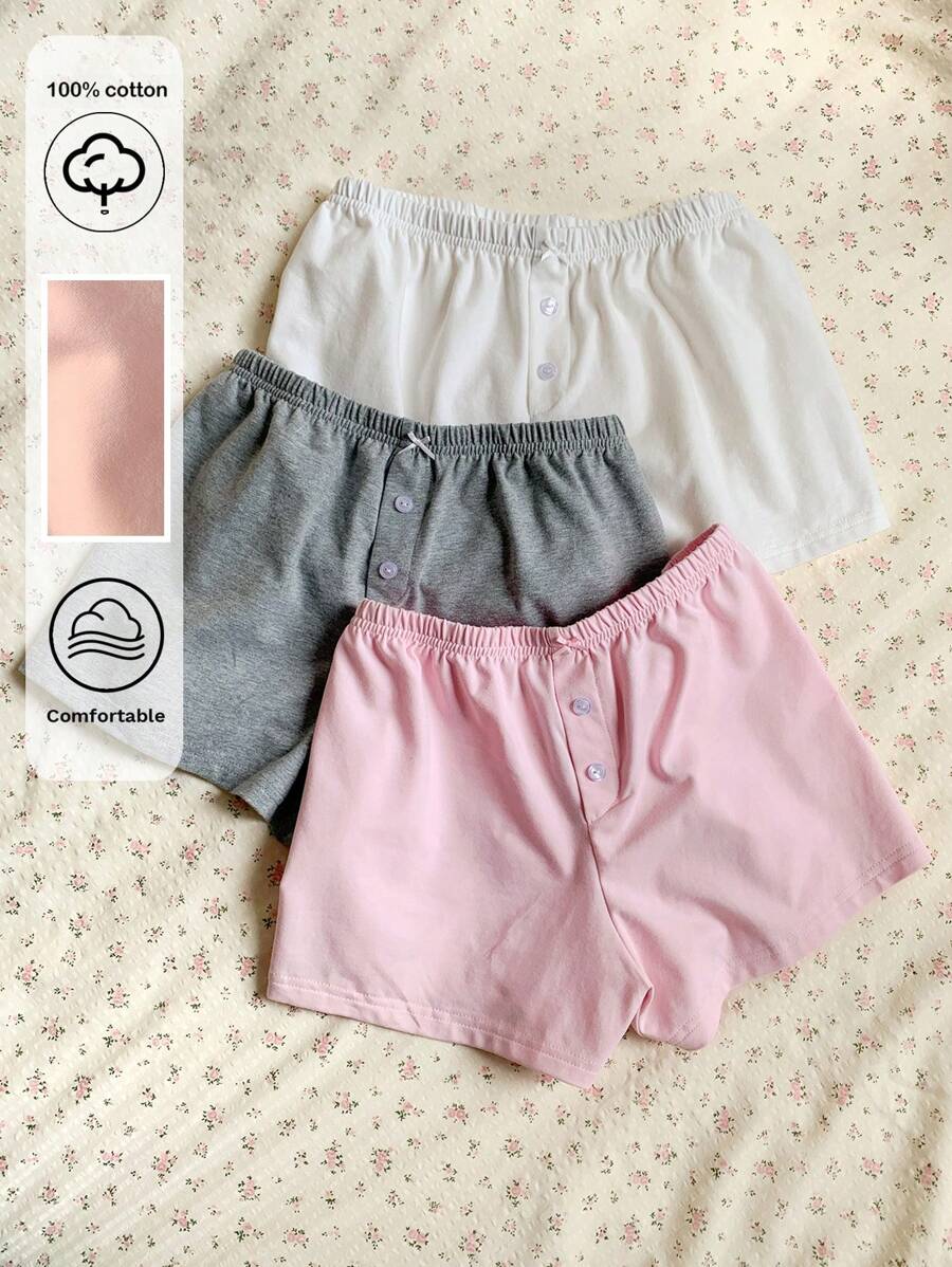 SHEIN EZwear 3件套 100%纯棉 女士休闲纽扣装饰蝴蝶结短裤,白色/灰色/粉色,可爱夏季短裤,睡衣短裤 3条装 柔软家居睡裤 - 彩色 - 查看 1