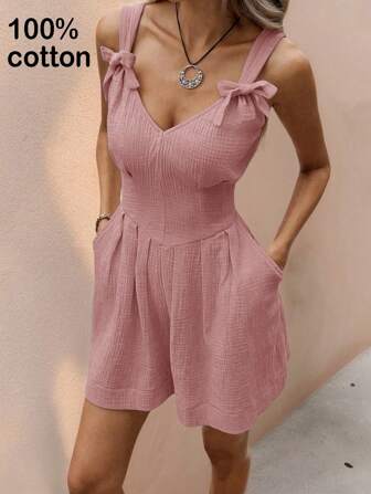 SHEIN Essnce Women's Cotton Jumpsuit With Bow Design, Casual Resort Style