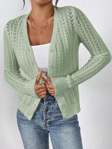 SHEIN Frenchy Áo len cardigan dệt kim khoét lỗ màu trơn thường ngày cho nữ - màu xanh lá - Xem 4