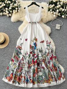 DreamSkyne Đầm không tay họa tiết hoa thanh lịch trễ vai có thắt lưng cho nữ cỡ lớn, đa năng và thời trang để mặc vào mùa hè - Nhiều màu - Xem 2