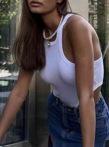 INAWLY 女士修身性感镂空无袖紧身衣 - 白色 - 查看 2
