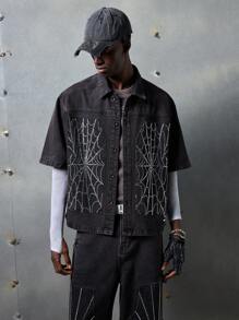 NEON BLANC Herren Street Fashion gewebtes Gothic Strass Spinnen Kurzarm Hemd, geeignet für den Sommer - Violett - Übersicht 3