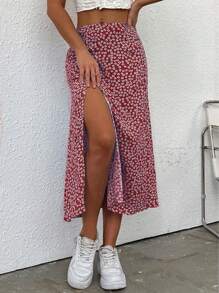 SHEIN PETITE Falda de mujer minimalista y casual con bajo dividido, para primavera/verano - Multicolor - Ver 3