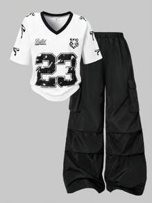 SHEIN ChillGRL 2件套：Tween Girls American 插肩袖图案T恤和贴花口袋工装裤 - 黑與白 - 查看 3