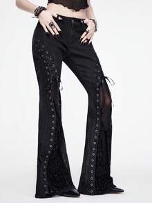 ROMWE Gothic Dark Style Halloween Palace Castle Flocking Patchwork Eyelet Super Low Waist Flare Leg Jeans - Black - View 9