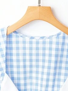 Flirla 大码夏季休闲格子拼色修身清爽衬衫 - 藍色 - 查看 4