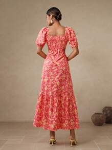 Swim Oasis Women Long Sleeve Front Tie Back Gathered A-Line Print Dress - Hot Pink - View 2